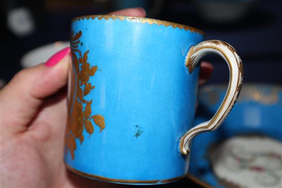 A Sevres style Madame de Genlis bleu celeste coffee can and saucer, a Sevres style coffee can and a Sevres Empire revival tea cup, al